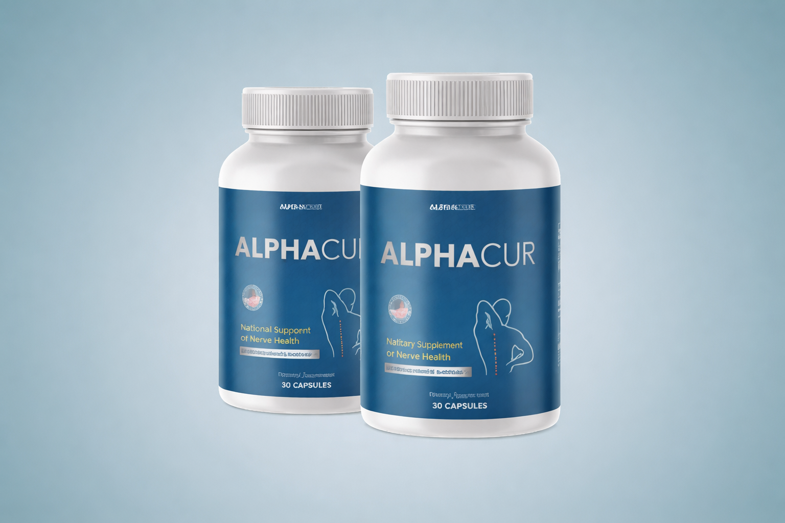 Alphacur nerve health dietary supplement bottles displayed on a clean solid blue gradient background, showing product label, capsules count, and nutritional support for nerve health.