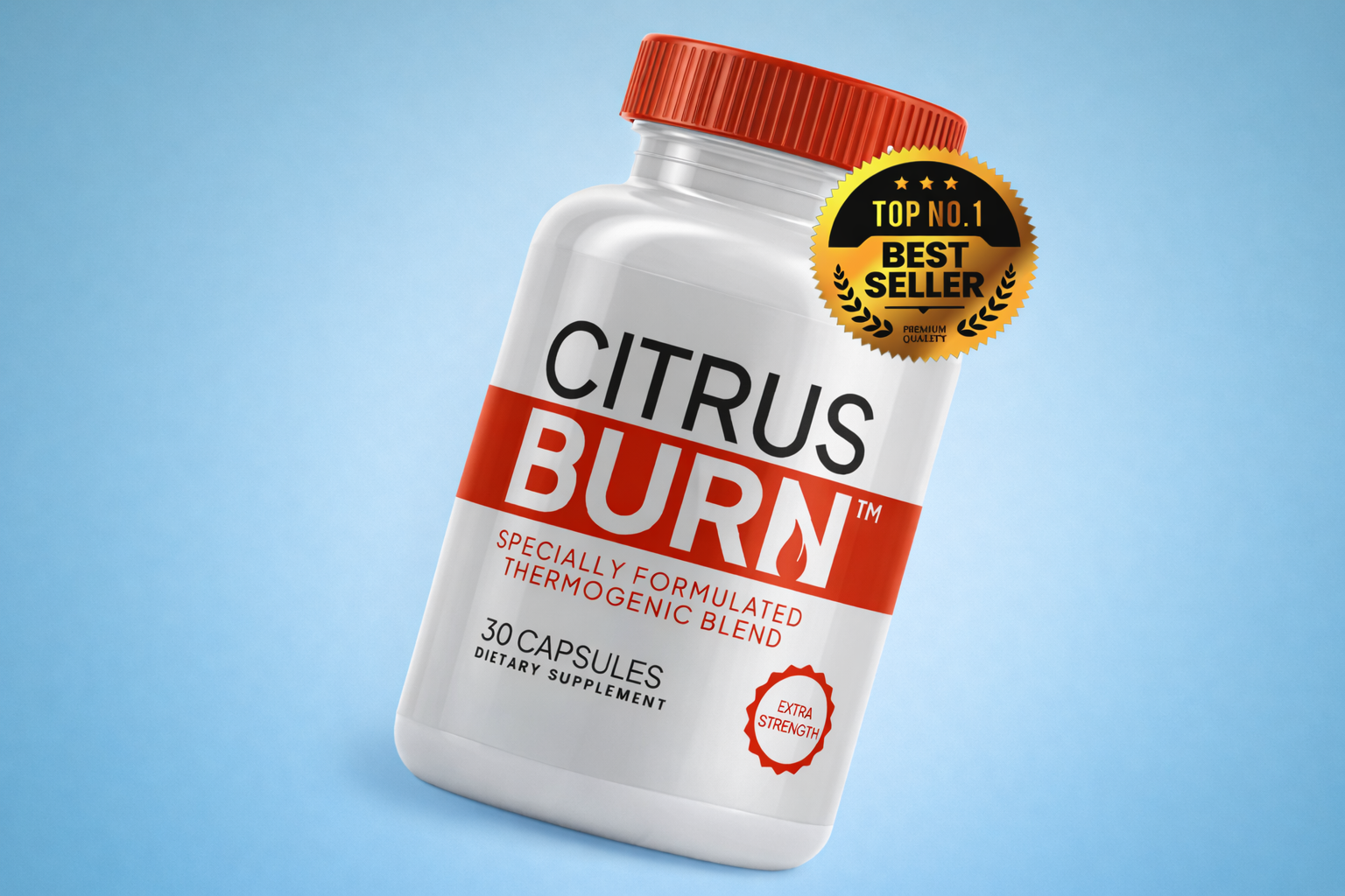 Citrus Burn thermogenic dietary supplement bottle displayed on a clean solid blue background, featuring fat-burning formula, 30 capsules, extra strength blend, and best seller badge.