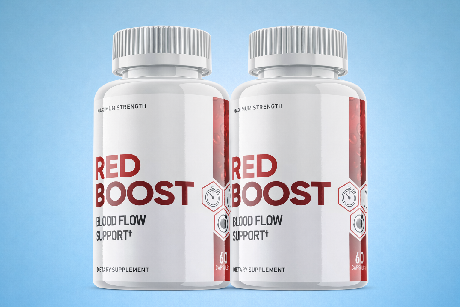 Red Boost blood flow support dietary supplement bottles displayed on a clean solid blue gradient background, highlighting maximum strength formula, circulation support, and 60 capsules per bottle.